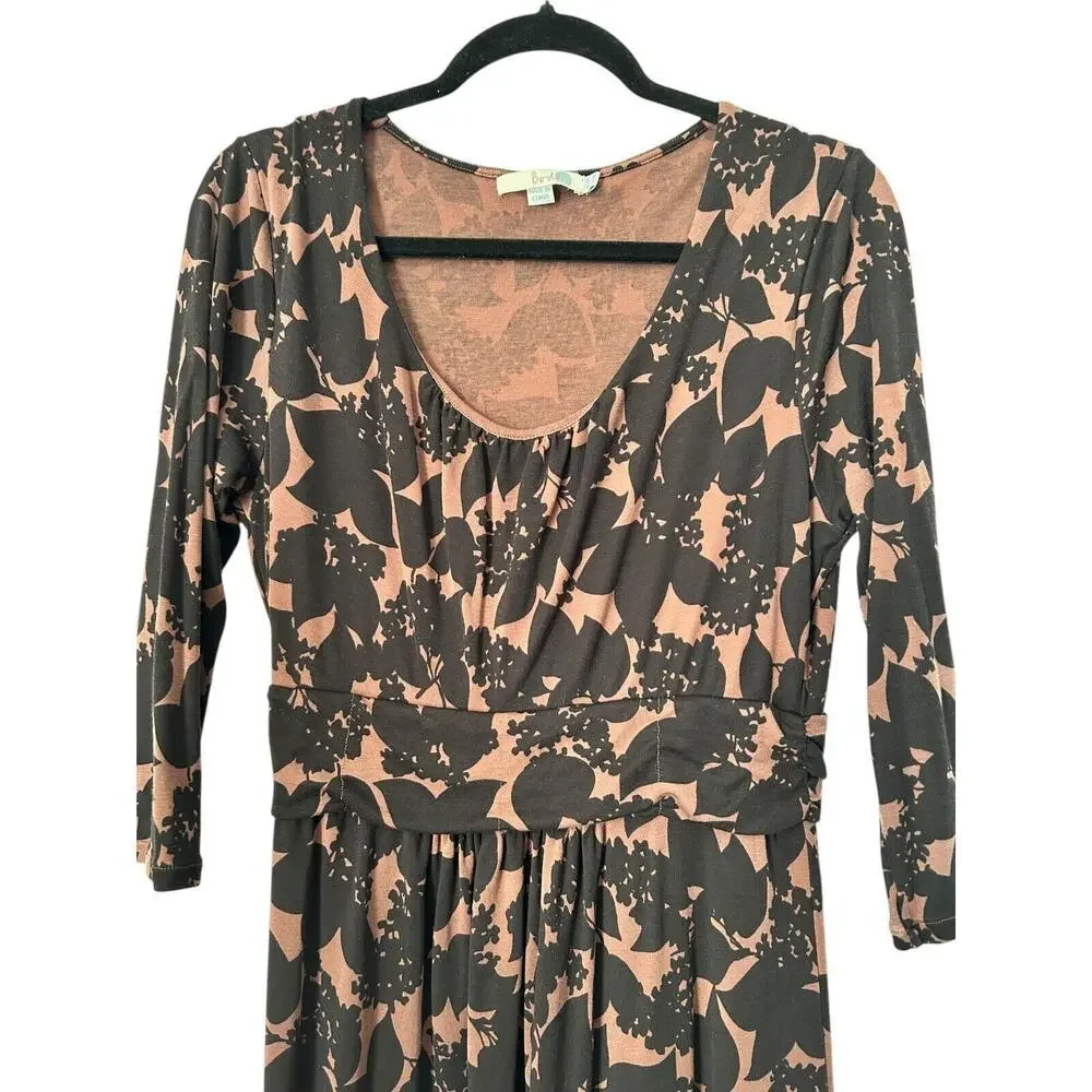 Boden Dress Size 12R Brown‎ Black Floral Print Ruched Waist Jersey Scoop Neck